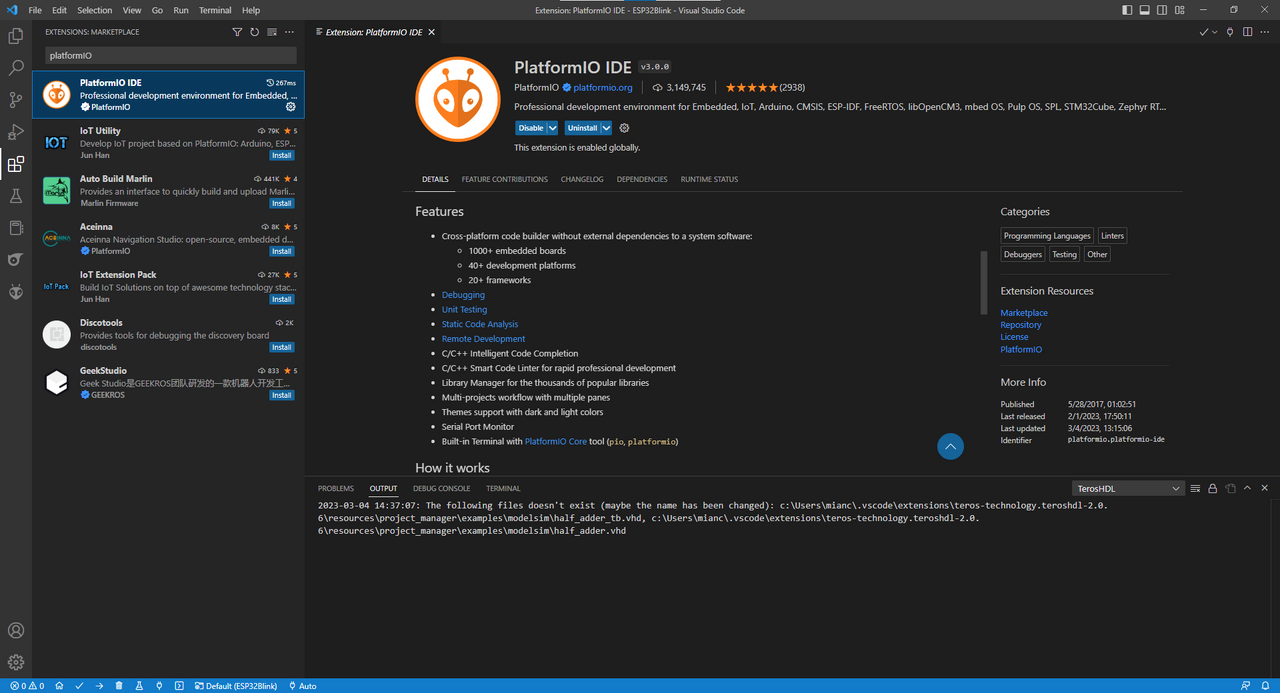 Extensia Platform IO în Visual Studio Code
